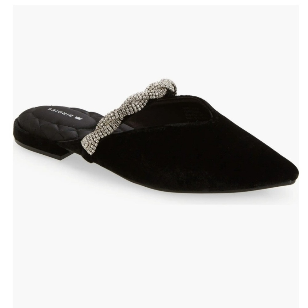 Birdies Swan Almond Toe Black Velvet Crystal Sling Slide Mules SZ: 6.5